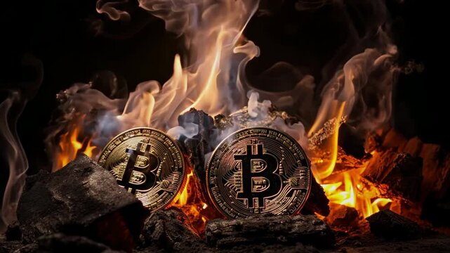 Golden ray of light illuminate a bitcoin, the money of the future. Various bitcoin coins, symbol of new technology and economy. Btc cryptocurrency, new money and investment.
