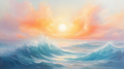 Obraz premium A painting of a sunset over the ocean with a wave crashing in the background