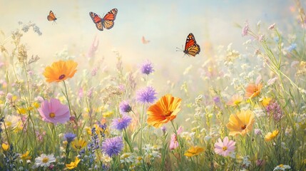 Bright wildflowers bloom as butterflies dance gracefully around a sunny meadow, evoking a sense of tranquility and joy. Generative AI