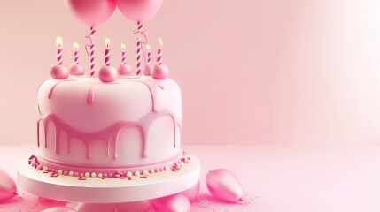 A delightful pink birthday cake forms a charming background. The pink color gives a soft and festive look. The cake has a smooth surface and is likely decorated with various elements. It brings a sens