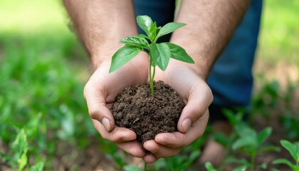 Close-up of hands holding a small green plant with soil, symbolizing growth, nature, and new beginnings.