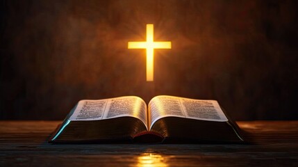 The Holy Bible with a glowing cross hovering above, open on a wooden altar, representing the foundation of Christian teachings.