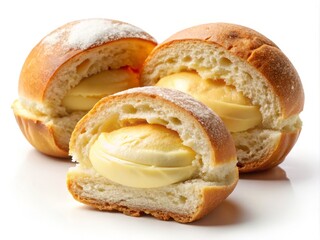 Maritozzi cut open to expose the rich, golden cream, set against a pure white background that makes the soft, fluffy bread appear almost ethereal