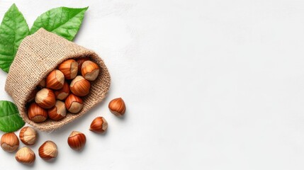 Fresh hazelnuts are presented in a clear plastic bag against a bright white background, making them an appealing option for healthy snacking or baking