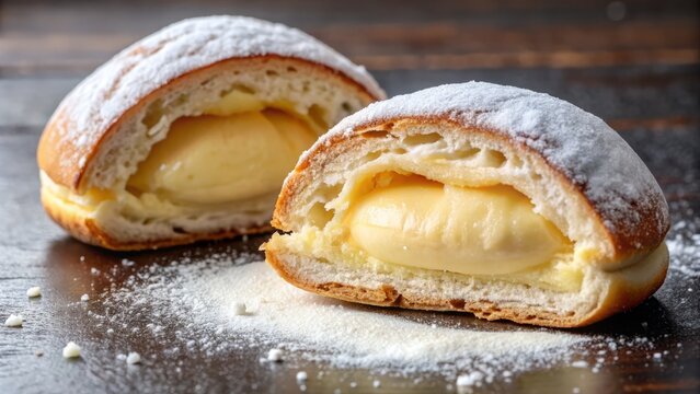 The Maritozzi takes center stage on the plate, its cross-section revealing a tantalizing glimpse of the creamy filling, with the powdered sugar adding a touch of sophistication.