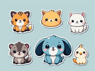 A collection of cute, cartoon-style animal stickers featuring various pets.
