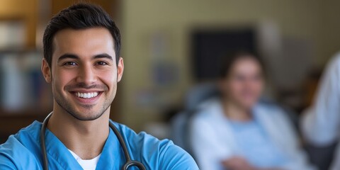 Fototapeta premium A confident Caucasian doctor in uniform smiles at the camera, with a patient in the background, emphasizing professional healthcare.