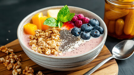 Colorful smoothie bowl topped with fresh fruits, granola, and seeds on a wooden serving board with a spoon