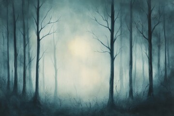 Obraz premium watercolor - A mist-covered forest with bare trees, creating an eerie and haunting atmosphere in soft light. Copy space 