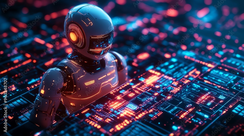 Aufkleber futuristic robot working on circuit board.
