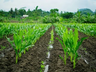 Naklejka premium Rows of young corn plants growing in a field. Green leaves and rich soil. Photo taken on a cloudy day.