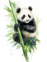 Naklejka premium Panda Paradise: A playful panda cub clings to a bamboo stalk, its soft fur and gentle eyes captivating viewers in this watercolor masterpiece. 