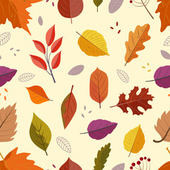 Autumn, leaves, twigs, nature, autumn time, light yellow background, seamless pattern