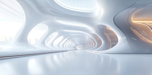 Futuristic white tunnel with city view.