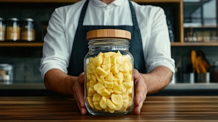 Dried banana chips are held in hands while a glass jar filled with fresh banana slices sits against a backdrop of ripe bananas in an organic shop setting