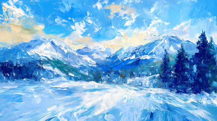 Obraz premium A vibrant impressionistic painting capturing a sweeping winter landscape, with expressive brush strokes depicting snowy mountains and icy blue skies. Impressionistic. Illustration