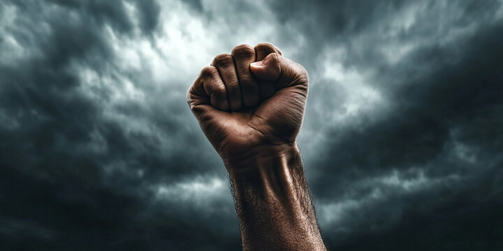 Muffled Roar of the Unyielding Spirit - A defiant fist raised against a stormy sky, symbolizing resistance and determination.