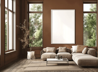 Fototapeta premium Cozy Living Room Interior with Neutral Tones, Large Empty Poster Frame Mock-Up and Floor-to-Ceiling Windows