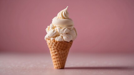 Soft Serve Ice Cream Cone Standing on Bright Pink Background Ice Cream Concept with Copy Space.