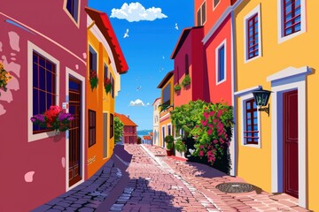 Fototapeta premium Close-up shot of European style colorful building facades with textured walls and windows. Beautiful simple AI generated image