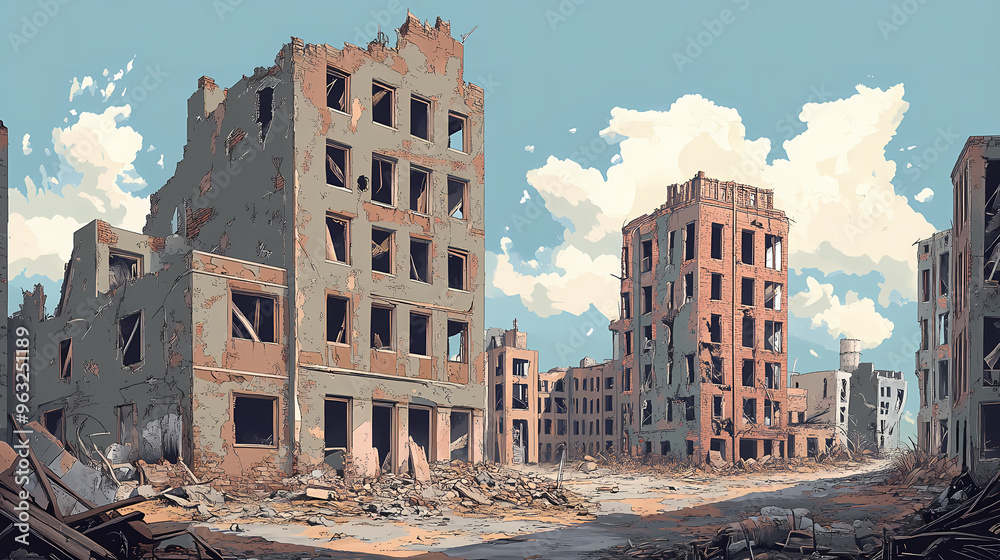 Wall mural Abandoned post apocalyptic urban city town house ruins. empty aged old building exterior derelict. decayed skyscraper apartment buildings. Abandoned Building. Illustration