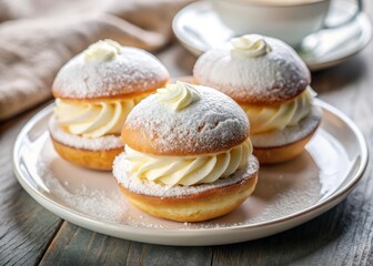 Delicate, puffy maritozzi halves arranged artfully on a pure white plate, a whisper of powdered sugar framing the soft, fluffy bread, bright morning light highlighting the enticing filling.