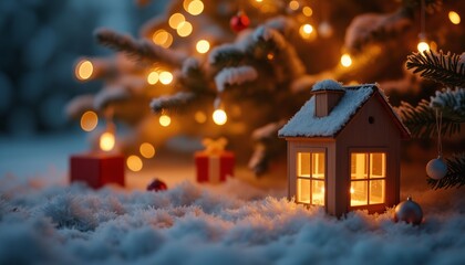 A cozy Christmas scene with a small, glowing house ornament and snow-covered decorations, creating a warm and festive atmosphere.