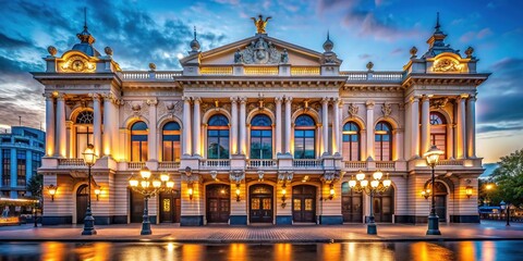 Obraz premium Historic landmark theater's grand facade shines at dusk, ornate details and majestic columns illuminate against a vibrant blue sky with city lights reflecting below.