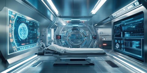 Sci-fi-inspired healthcare elements emphasize innovation in medical technology.