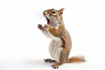 Funny surprised squirrel on isolated white background. Big discounts, surprise, news, prank concept. Generated AI