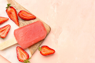 Board with strawberry ice cream and fresh berries on pink grunge background