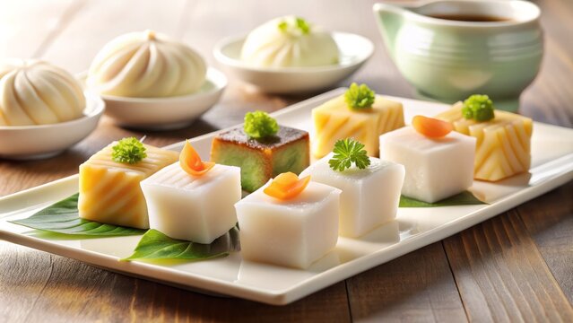 &bull; Delicate uiro cubes and manjū dumplings arranged artfully on a crisp white platter, set against a soft, blurred cream background.
