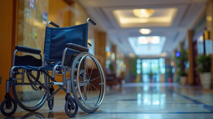 Hospital and nursing home wheelchair empty in interior settings. Concept Healthcare Facilities, Medical Equipment, Wheelchair Accessibility, Interior Design, Empty Spaces 