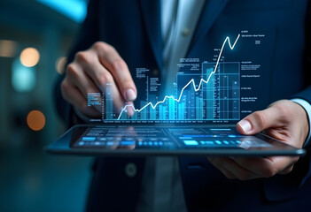 Fototapeta premium A close-up of a person’s hands holding a tablet displaying a graph with an upward trend, indicating positive business growth or financial success
