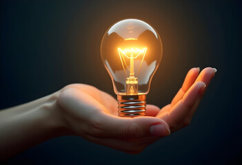 A human hand holds a lit incandescent light bulb against a dark background. the image symbolizes ideas, innovation, and energy