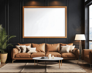 Stylish Living Room with Empty Poster Frame Mock-up and Brown Leather Sofa Against Dark Wall