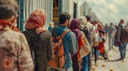 Refugees in line at border crossing in humanitarian crisis seeking safety. Concept Refugee Crisis, Border Crossing, Humanitarian Aid, Seeking Safety, Urgent Assistance