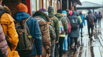 Refugees in line at border crossing in humanitarian crisis seeking safety. Concept Refugee Crisis, Border Crossing, Humanitarian Aid, Seeking Safety, Urgent Assistance 