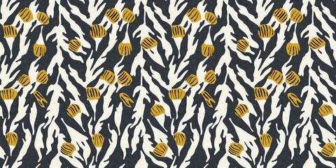 Modern printed fabric flower block print pattern with linen texture effect. Stylized boho dark floral for chic fashion background motif border design.