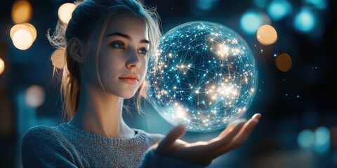 Naklejka premium Metaverse concept with a woman holding a global network icon, symbolizing wireless communication and futuristic technology.