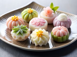 Delicate, hand-crafted wagashi sweets, with intricate designs and subtle textures, are carefully arranged on a crisp, snow-white platter, surrounded by an expanse of clean, uncluttered space.