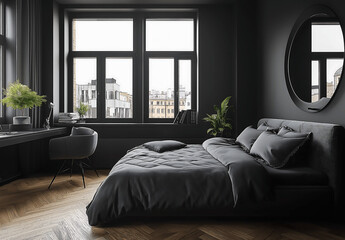 Stylish Bedroom with Dark Color Scheme, Large Windows, and Cozy Bedding in a Modern Urban Apartment