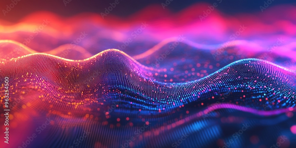 Wall mural 3d rendering of a cyber technology wave composed of moving dots and lines.