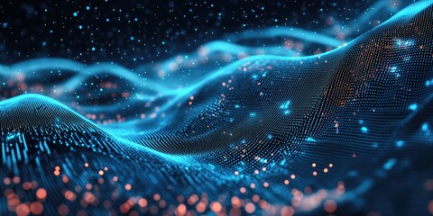 3D rendering of a cyber technology wave composed of moving dots and lines.
