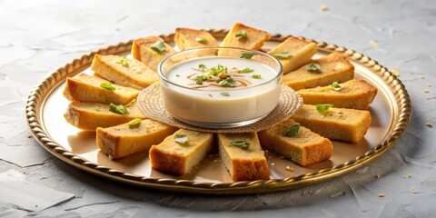 A dramatic, low-angle shot of Shahi Tukra, with the golden bread slices and creamy milk arranged in a circular pattern on a white surface