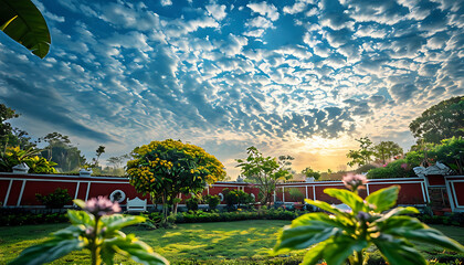 Obraz premium Sunlit serenity, a lush garden escape - Nature’s Harmony, sunset in bloom