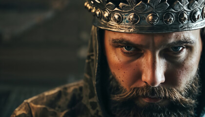 A majestic, bearded king with a crown on his head