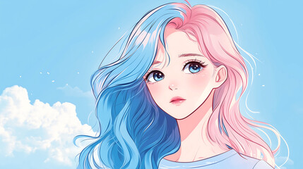Anime Girl with Dual Colored Hair in Pastel Shades of Pink and Blue Against a Bright Sky