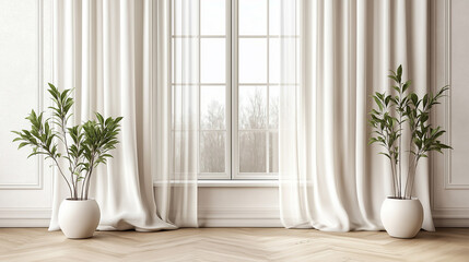 The Serene Minimalist Window Scene with White Curtains and Greenery, Evoking Tranquility and Natural Elegance