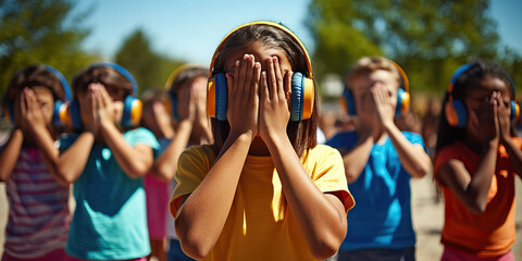 Obraz premium Muted Scream: A group of children wearing headphones, covering their eyes in a playground.